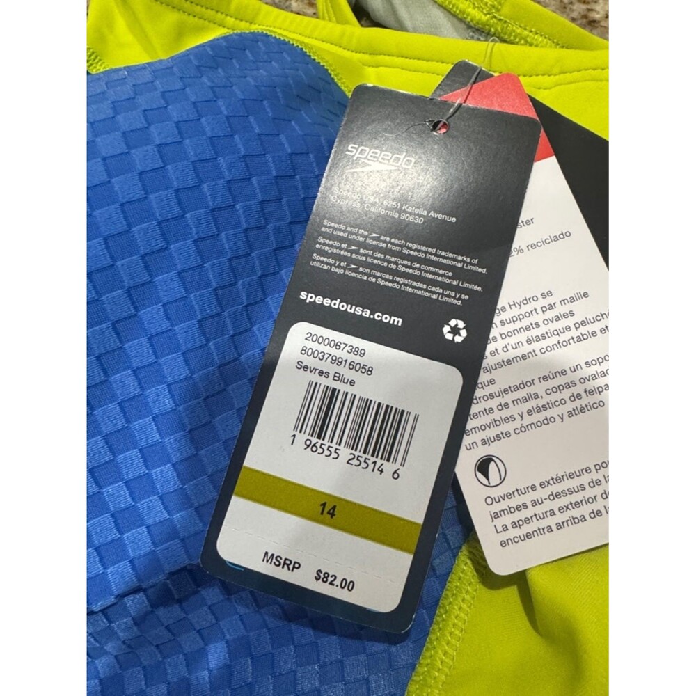 Speedo Swimsuit 1 Piece Creora Quantum Splice Jacquard Sevres Blue Yellow 14 NWT - Picture 7 of 12